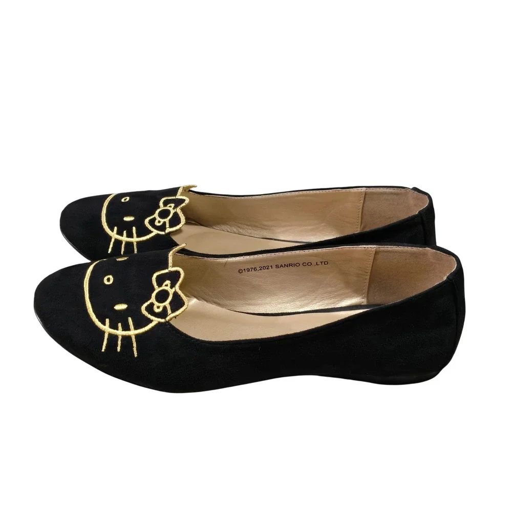 ModCloth Hello Kitty Ballet Flats Womens Gold Embroidered Black Suede Size 9